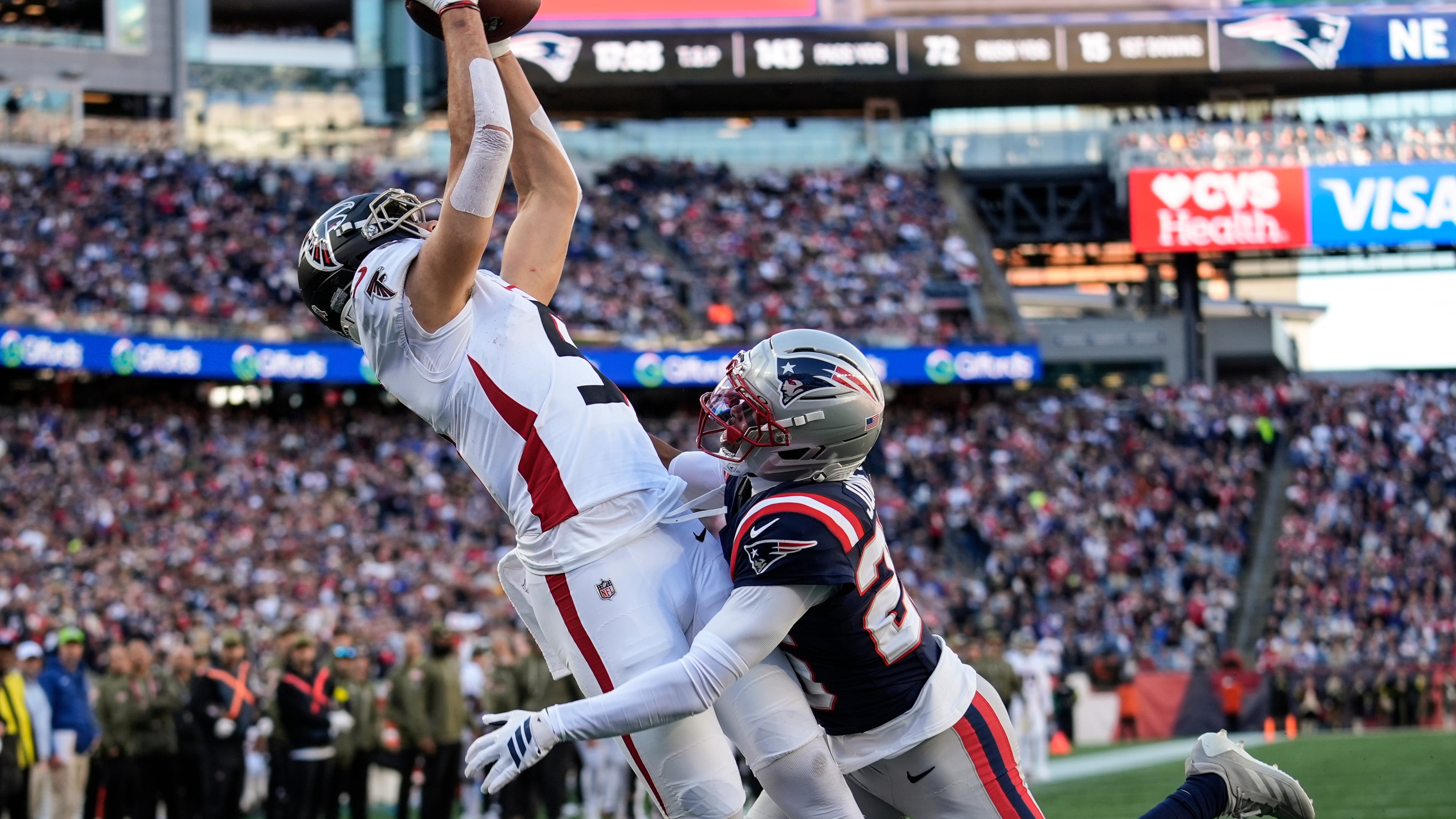 Atlanta Falcons wide receiver Drake London and quarterback Michael Penix Jr. connected for three touchdowns in a 24-23 loss to the Patriots after having two all season entering Sunday's matchup. (Robert F. Bukaty/AP)
