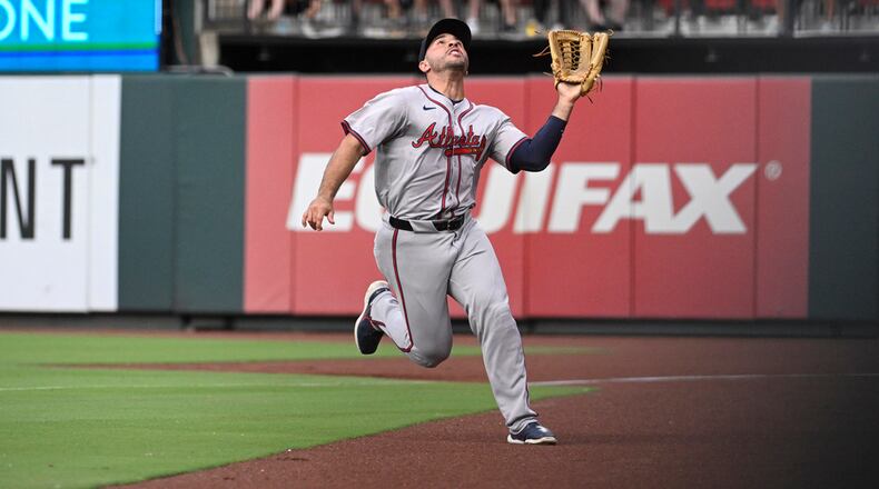 Atlanta Braves right fielder Ramon Laureano catches a foul ball hit by St. Louis Cardinals' Nolan Arenado during the seventh inning in the second game of a baseball doubleheader Wednesday, June 26, 2024, in St. Louis. (AP Photo/Joe Puetz)