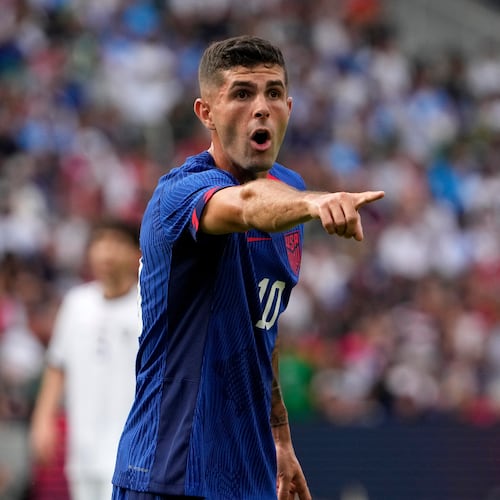 FILE - United States' Christian Pulisic points during the first half of an international friendly soccer match against Uzbekistan Saturday, Sept. 9, 2023, in St. Louis. (AP Photo/Jeff Roberson, File)