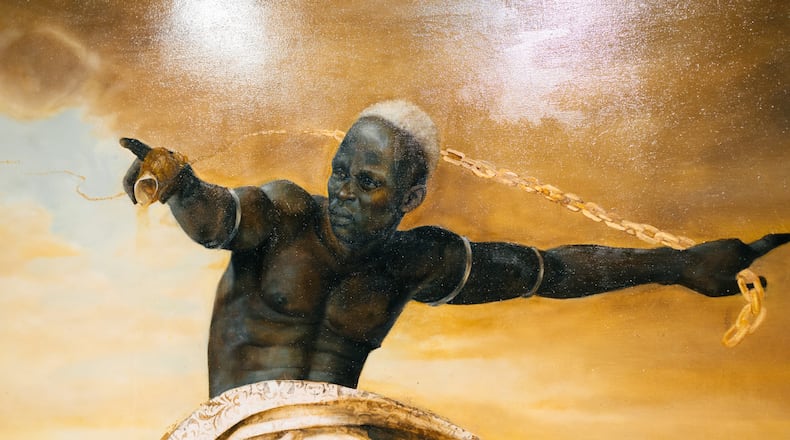 A detail from the oil painting "Creation Story" (2022) by Harmonia Rosales.