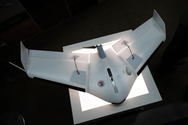A drone named Oskar by French manufacturer Delair is displayed at the Paris Air Show Tuesday, June 17, 2025 in Le Bourget, north of Paris. (AP Photo/Thibault Camus)