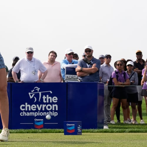 Nelly Korda hits her tee shot on the 18th hole during the third round of the Chevron Championship LPGA golf tournament Saturday, April 25, 2026, in Houston. (AP Photo/David J. Phillip)