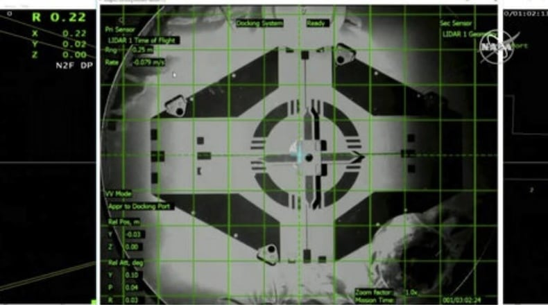 In this image taken from NASA Television, a live screen shows the docking scene of SpaceX's new crew capsule and the International Space Station Sunday morning.