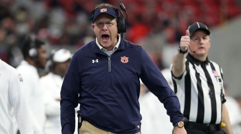 Auburn Tigers head coach Gus Malzahn reacts to an officials call during the second quarter of their game against the UCF Knights in the Chick-fil-A Peach Bowl Monday, Jan. 1, 2018, at Mercedes-Benz Stadium in Atlanta.
