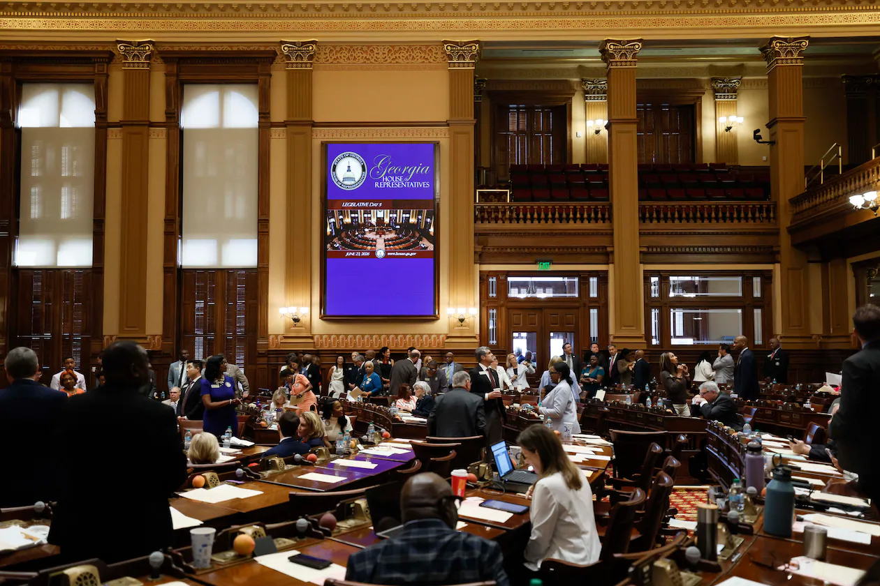 Members of the State House of Representatives are seen in the Chamber at the start of the fifth day of a special legislative session at the Capitol in Atlanta on Tuesday, June 23, 2026. (Miguel Martinez/AJC)