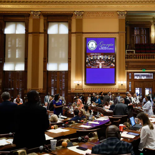 Members of the State House of Representatives are seen in the Chamber at the start of the fifth day of a special legislative session at the Capitol in Atlanta on Tuesday, June 23, 2026. (Miguel Martinez/AJC)