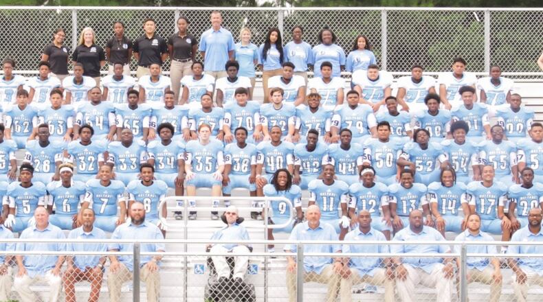 The Meadowcreek High School football team will fill-in for the Patriots and the Rams in a dress rehearsal for camera crews on Friday. CONTRIBUTED