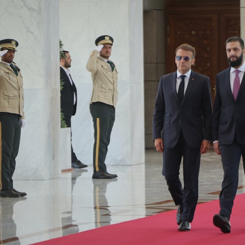 Syrian President Ahmad al-Sharaa, right, meets French President Emmanuel Macron at the presidential palace in Damascus, Syria, Tuesday, July 7, 2026. (AP Photo/Ghaith Alsayed)