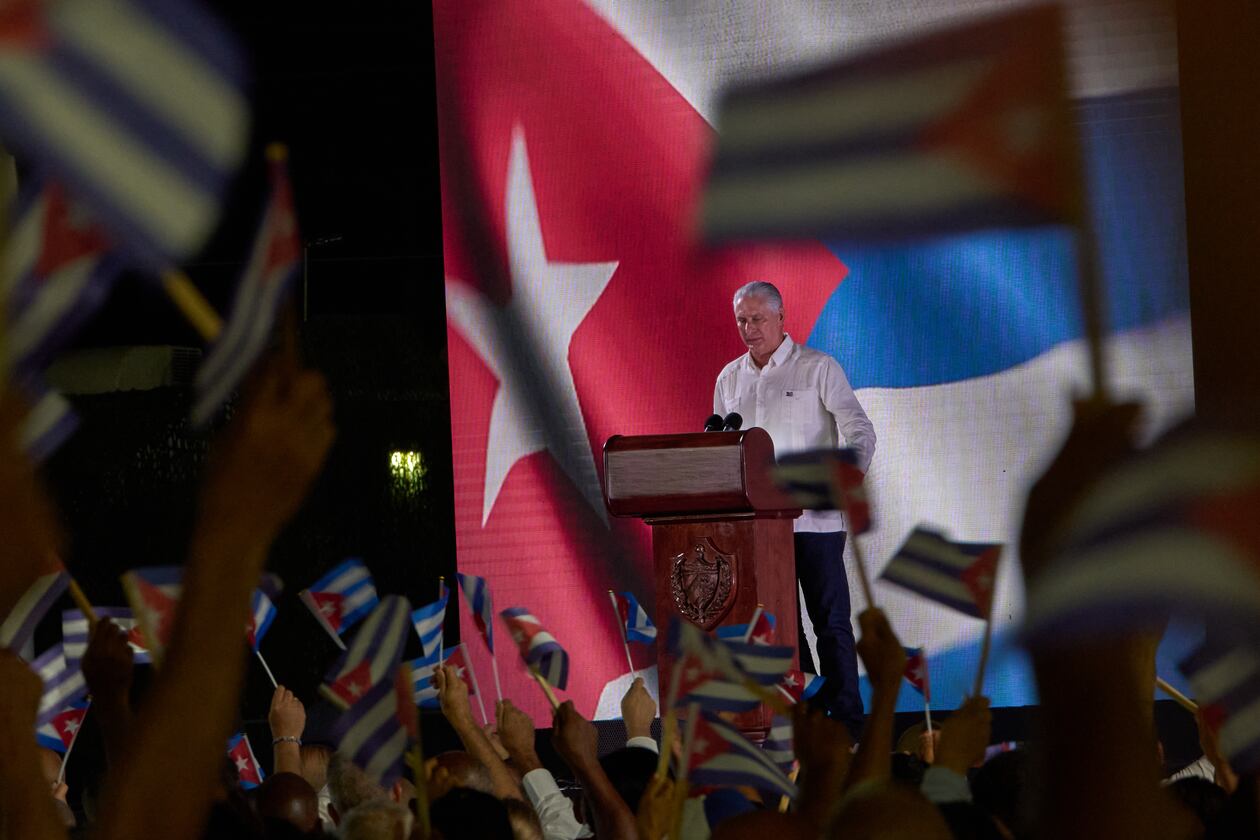 Cuban President Miguel Diaz-Canel, speaks to attendees during an event marking the 73th anniversary of the start of the Cuban Revolution in Pinar del Rio, Cuba, Sunday, July 26, 2026. (AP Photo/Ramon Espinosa)