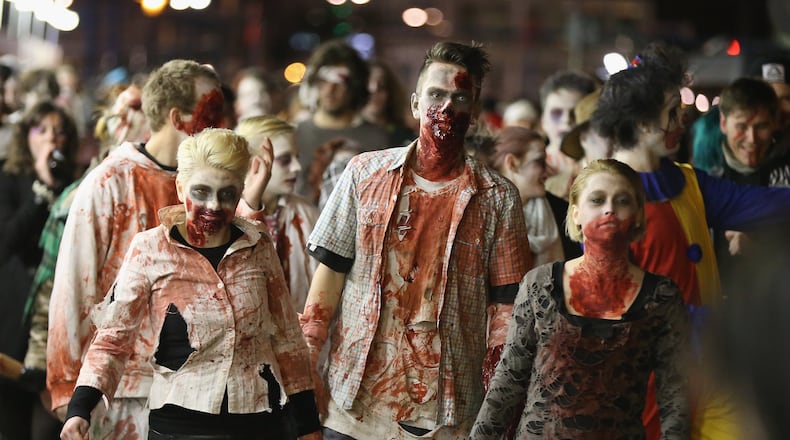 File photo of people in zombie costumes. Lake Worth, Florida, mistakenly issued an alert Sunday blaming "extreme zombie activity" for a power outage.