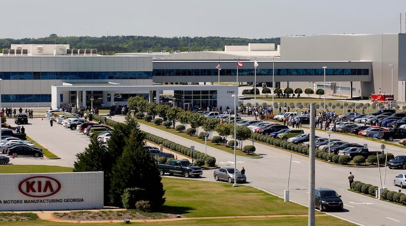 Kia Motors sprawling assembly plant in West Point, Ga., continues to wrestle with intermittent shortages of semiconductor chips needed for new vehicles. (Todd J. Van Emst/Opelika-Auburn News via AP)