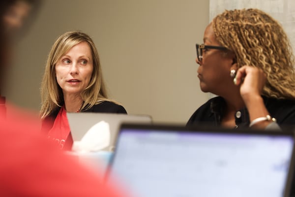 Cati Diamond Stone (left), CEO of mental health-based nonprofit CHRIS 180, talks during a leadership planning meeting in Atlanta on Monday, June 1, 2026. (Abbey Cutrer/AJC)