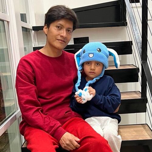 In this photo released by U.S. Rep. Joaquin Castro, D-TX, Adrian Conejo Arias and his son, five-year-old Liam Conejo Ramos are seen in San Antonio, Texas, Saturday, Jan. 31, 2026, after being released from Dilley detention center. (Joaquin Castro via AP)