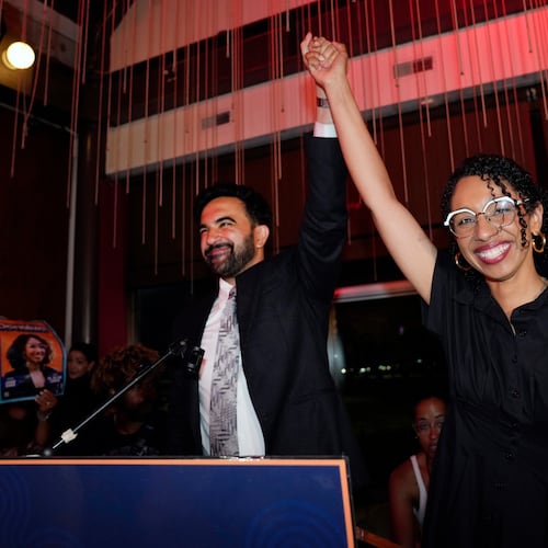 New York City Mayor Zohran Mamdani, celebrates with Democratic congressional candidate Darializa Avila Chevalier during an election night watch party Tuesday, June 23, 2026, in New York. (AP Photo/Seth Wenig)
