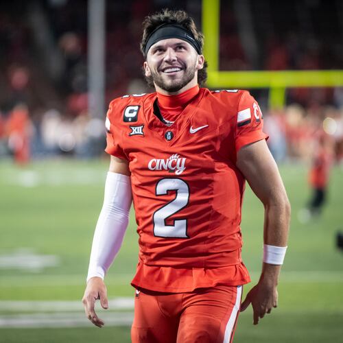 FILE - Cincinnati quarterback Brendan Sorsby (2) walks off the field after a NCAA college football game against Baylor, Oct. 25, 2025, in Cincinnati. (AP Photo/Tanner Pearson, File)