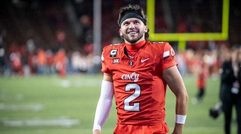 FILE - Cincinnati quarterback Brendan Sorsby (2) walks off the field after a NCAA college football game against Baylor, Oct. 25, 2025, in Cincinnati. (AP Photo/Tanner Pearson, File)
