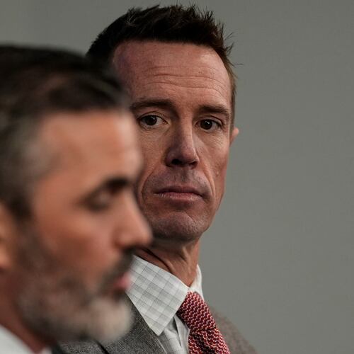 New Atlanta Falcons head coach Kevin Stefanski, left, speaks as Atlanta Falcons President of Football Matt Ryan looks on during a NFL Atlanta Falcons news conference, Tuesday, Jan. 27, 2026, in Atlanta. (AP Photo/Mike Stewart)