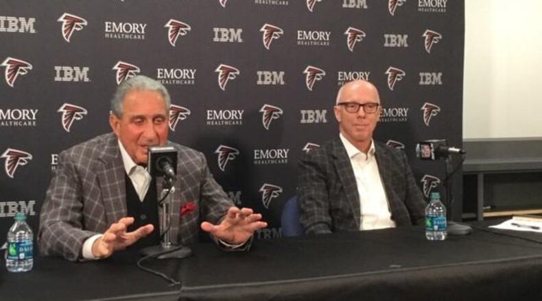 Falcons owner Arthur Blank and president Rich McKay discussing the return of coach Dan Quinn and general manager Thomas Dimitroff on Thursday in Flowery Branch. (By D. Orlando Ledbetter/dledbetter@ajc.com)