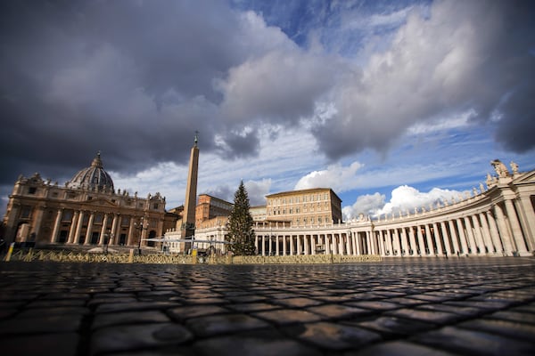 FILE - A view of the empty St. Peter's Square as Pope Francis is delivering the Angelus noon prayer from his studio, at the Vatican, Jan. 6, 2021. (AP Photo/Andrew Medichini, File)