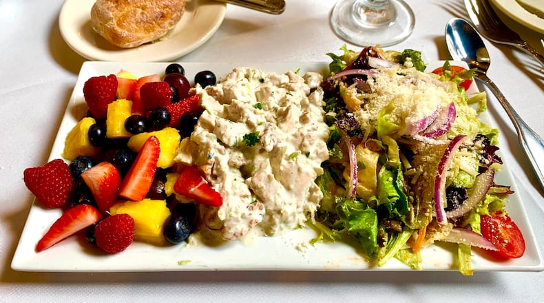The chicken salad at Petite Violette comes with greens and fruit salad. Courtesy of Tracy Markowski