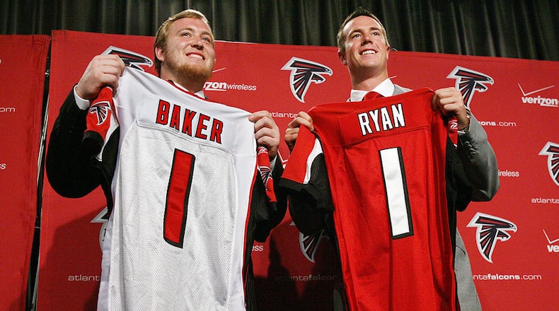 The Falcons drafted Sam Baker (left) with the 21st overall pick after taking quarterback Matt Ryan with the 3rd overall pick in the 2008 NFL Draft. The Falcons wheeled-and dealed, sending two second-round picks and a fourth round pick to the Washington Redskins to move to No. 21 overall.