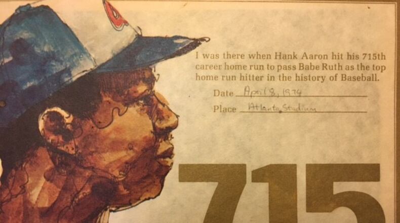 A memento from Bill Rankin attending the game in which Hank Aaron hit his 715th home run to break Babe Ruth's record.