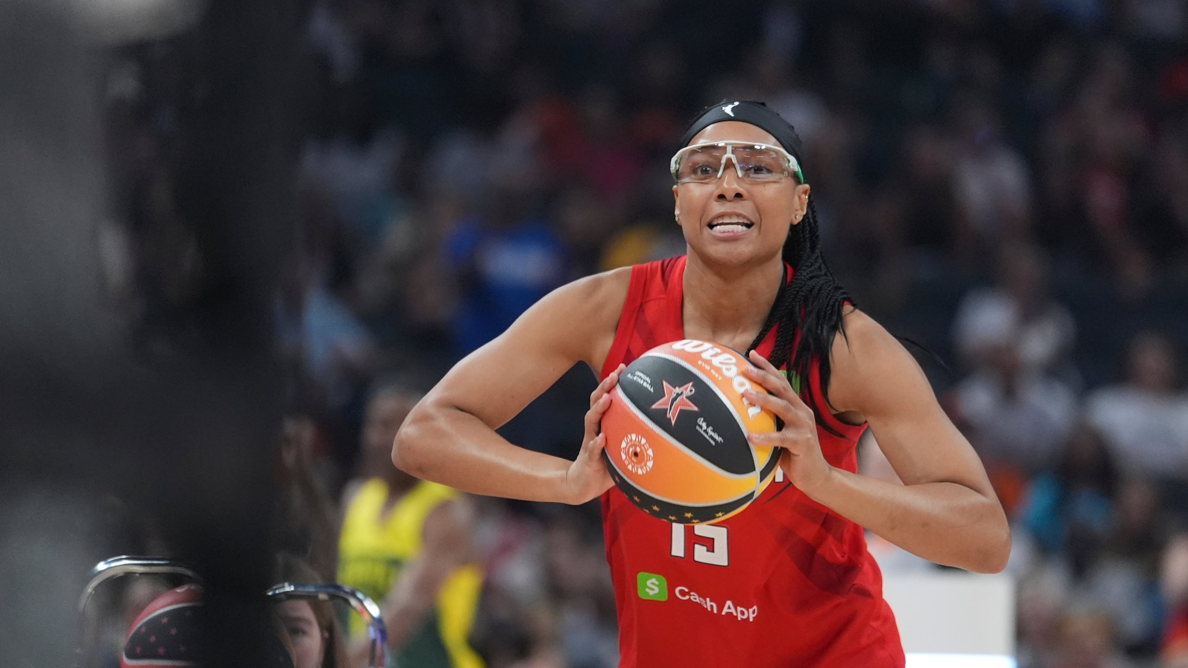 Atlanta Dream's Allisha Gray passes during the skills challenge at the WNBA All-Star basketball weekend, Friday, July 18, 2025, in Indianapolis. (Michael Conroy/AP)