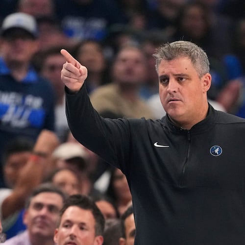 FILE - Micah Nori, the lead assistant coach of the Minnesota Timberwolves, directs play during the first half in Game 3 of the NBA basketball Western Conference finals against the Dallas Mavericks, May 26, 2024, in Dallas. (AP Photo/Julio Cortez, File)