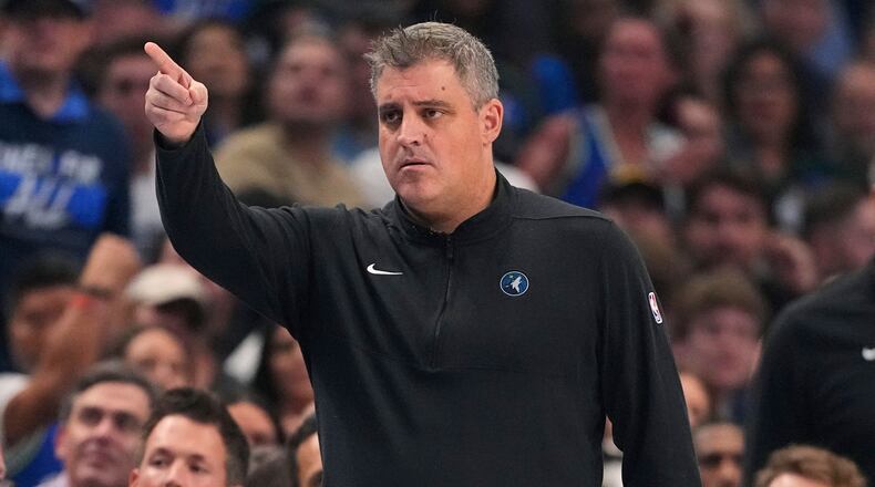 FILE - Micah Nori, the lead assistant coach of the Minnesota Timberwolves, directs play during the first half in Game 3 of the NBA basketball Western Conference finals against the Dallas Mavericks, May 26, 2024, in Dallas. (AP Photo/Julio Cortez, File)