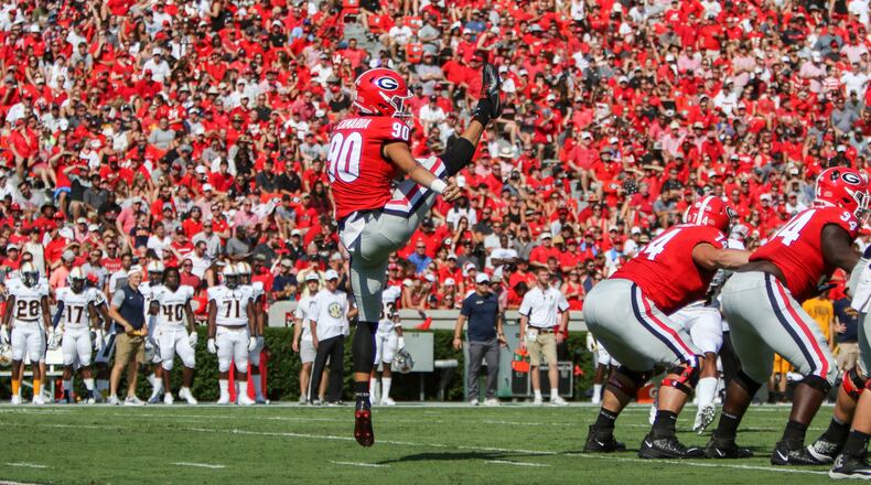 Georgia punter Jake Camarda (90) during the Bulldogs' game against the Murray State Racers on Dooley Field at Sanford Stadium in Athens, Ga., on Sat., Sept. 7, 2019. (Photo by Chamberlain Smith)