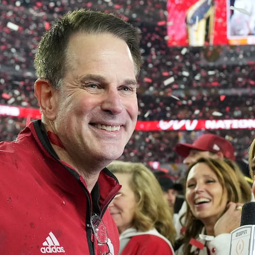 Indiana head coach Curt Cignetti smiles after their win against Miami in the College Football Playoff national championship game, Monday, Jan. 19, 2026, in Miami Gardens, Fla. (AP Photo/Rebecca Blackwell)