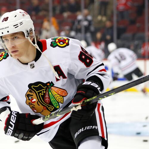 FILE - Chicago Blackhawks right wing Patrick Kane (88) skates before an NHL hockey game against the New Jersey Devils, Tuesday, Dec. 6, 2022, in Newark, N.J. (AP Photo/Noah K. Murray, File)