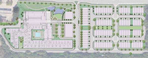 This site map shows the proposed mixed-use development in Sandy Springs off Roswell Road. The project will replace an aging strip mall with a public park, 336 apartments, 85 for-sale townhomes, retail and restaurants. (Courtesy of the city of Sandy Springs)