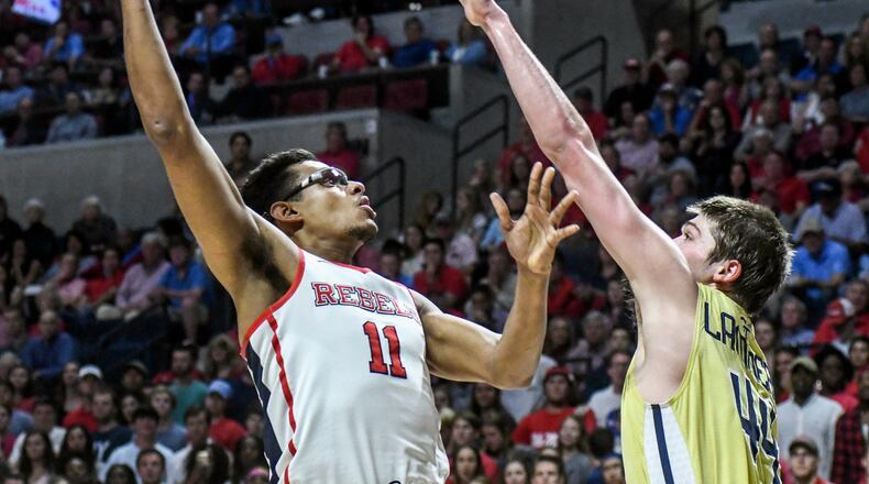 Mississippi forward Sebastian Saiz (11) shoots over Georgia Tech center Ben Lammers (44) during an NCAA college basketball game in the quarterfinals of the NIT on Tuesday, March 21, 2017, in Oxford, Miss. (Bruce Newman/The Oxford Eagle via AP)