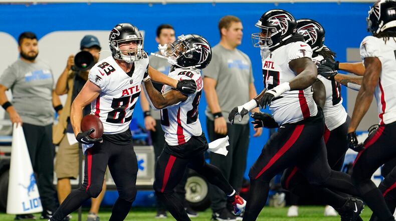 Atlanta Falcons wide receiver Jared Bernhardt reacts after his 21-yard pass for a touchdown during the second half of a preseason NFL football game against the Detroit Lions, Friday, Aug. 12, 2022, in Detroit. (AP Photo/Paul Sancya)