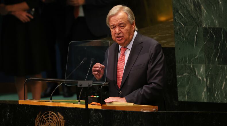 United Nations Secretary-General Antonio Guterres during the 81st session of the United Nations General Assembly at United Nations headquarters, Tuesday, Sept. 22, 2026. (AP Photo/Heather Khalifa)
