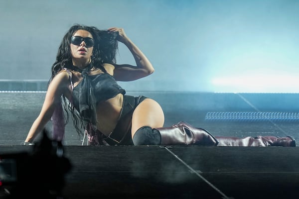 Charli xcx performs during the Glastonbury Festival in Worthy Farm, Somerset, England, Saturday, June 28, 2025. (Scott A Garfitt/Invision/AP)