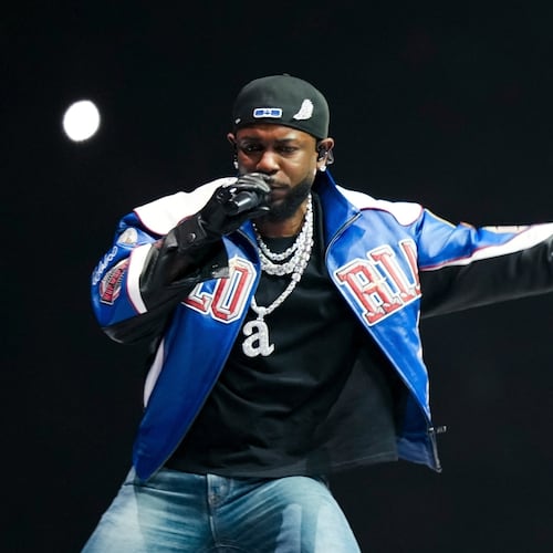 FILE - Kendrick Lamar performs during halftime of the NFL Super Bowl 59 football game between the Kansas City Chiefs and the Philadelphia Eagles in New Orleans, Feb. 9, 2025. (AP Photo/Matt Slocum, File)