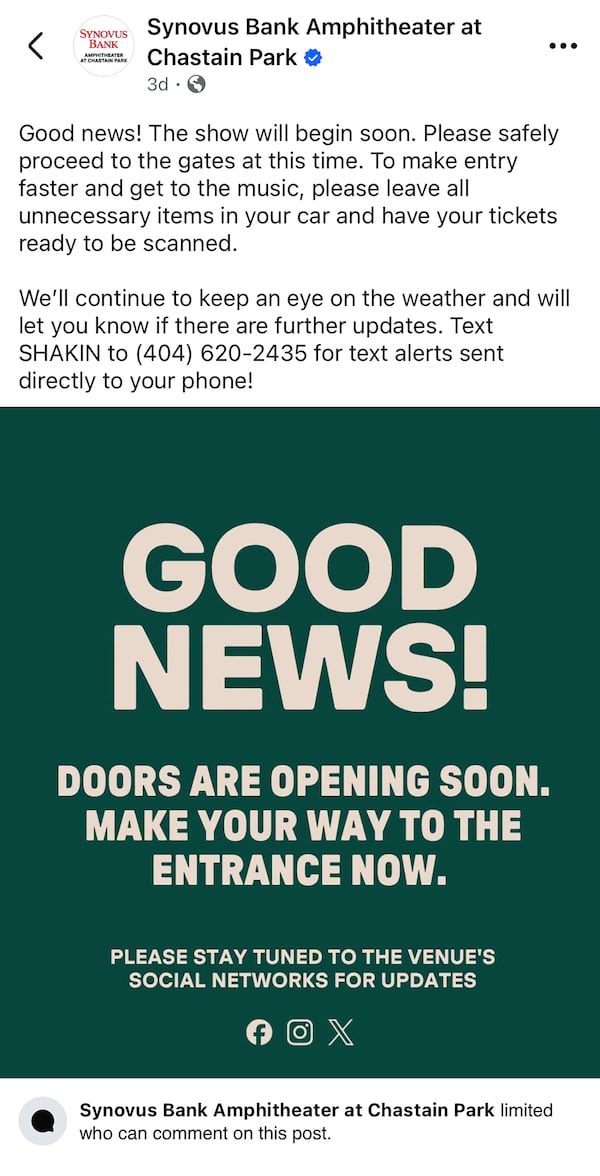Synovus Bank Amphitheater provided alerts on its social media during The Guess Who concert Thursday night that forced an evacuation and led some attendees to simply go home, not aware the band would go past the 11 p.m. curfew. (Facebook screenshot)