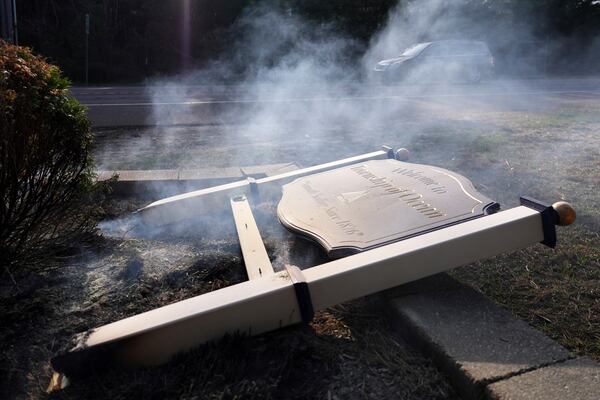 Damage from a wildfire is seen Wednesday, April 23, 2025, in Ocean Township, N.J. (AP Photo/Matt Slocum)