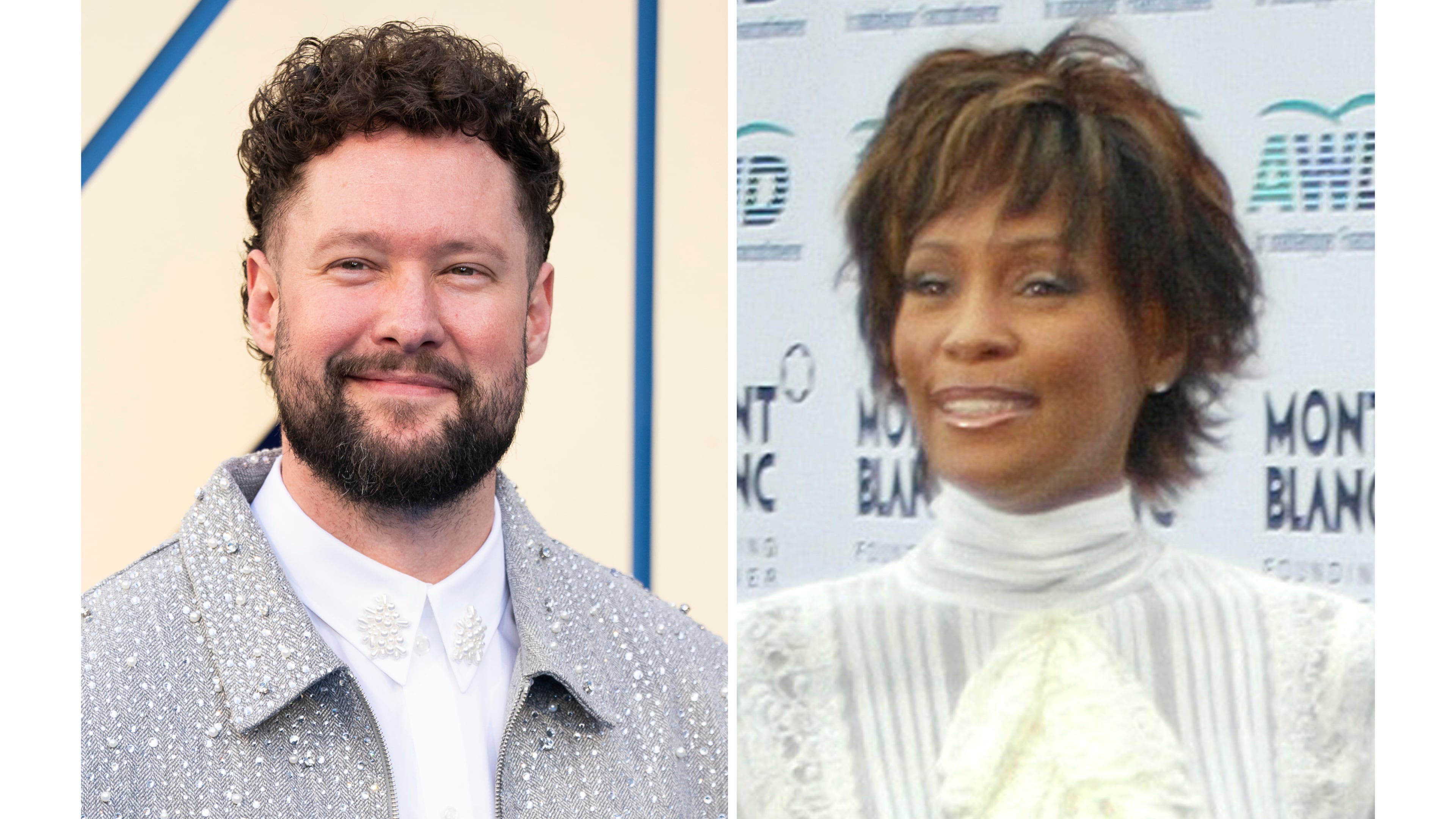 Calum Scott poses for photographers upon arrival at the launch event of the film 'Fantastic Four First Steps' on Thursday, July 10, 2025, in London, left, and Whitney Houston waves as she arrives for the "Women's World Awards" awarding ceremony in Hamburg, northern Germany, on Wednesday, June 9, 2004. (AP Photo)