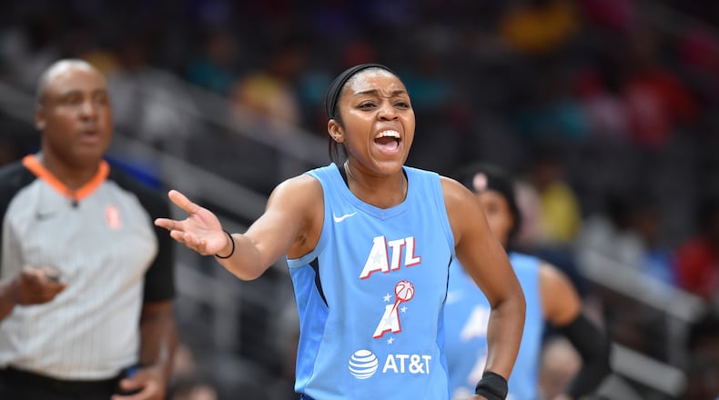 June 19, 2019 Atlanta - Atlanta Dream guard Renee Montgomery (21) reacts during the first half of WNBA basketball game at State Farm Arena in Atlanta on Wednesday, June 19, 2019. Atlanta Dream won 88-78 over the Indiana Fever. HYOSUB SHIN / HSHIN@AJC.COM
