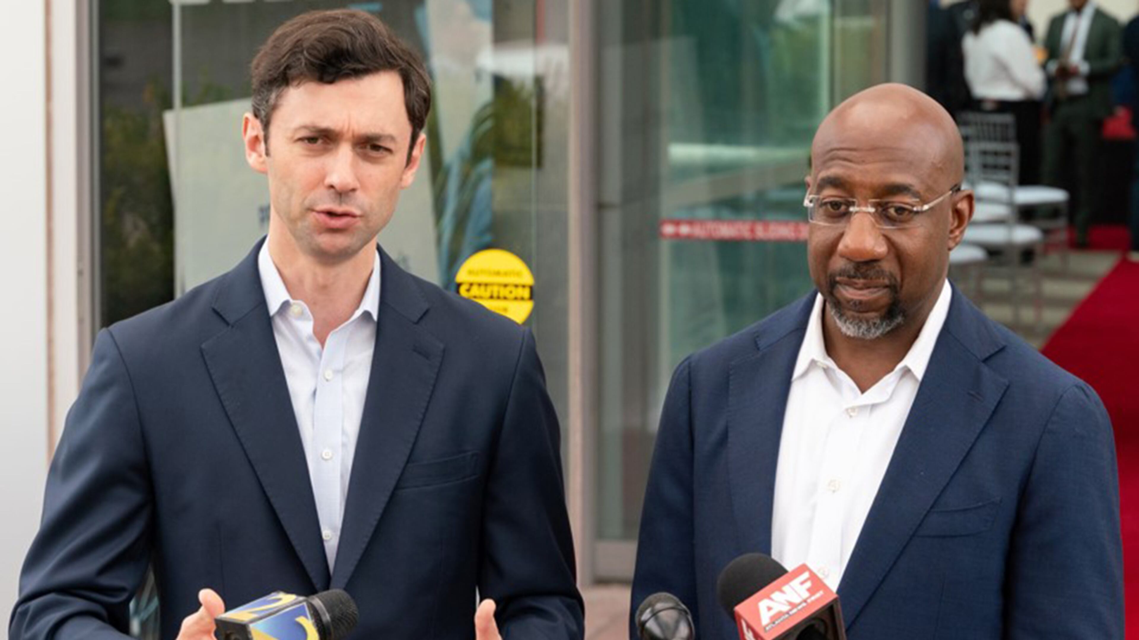 Georgia U.S. Sens. Jon Ossoff (left) and Raphael Warnock were among 27 Senate Democrats who voted late Wednesday on a measure to limit rifle sales to Israel. (Ben Hendren for the AJC 2024)