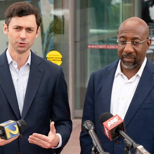 Georgia U.S. Sens. Jon Ossoff and Raphael Warnock spoke at Absolics Inc. in Covington on Friday, May 24, 2024.