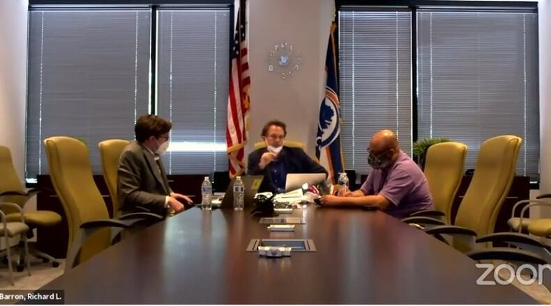 (Left to right) Fulton elections chief Blake Evans, Fulton s director of registration and elections Richard Barron, and registration chief Ralph Jones Sr. present during a Thursday, June 11, 2020 meeting of the Fulton County Board of Registration and Elections.