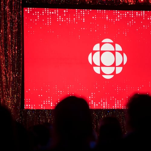 FILE - The Canadian Broadcasting Corporation logo is projected onto a screen on May 29, 2019, in Toronto. (Tijana Martin/The Canadian Press via AP,File)