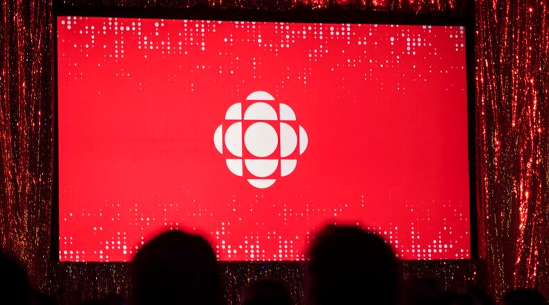FILE - The Canadian Broadcasting Corporation logo is projected onto a screen on May 29, 2019, in Toronto. (Tijana Martin/The Canadian Press via AP,File)