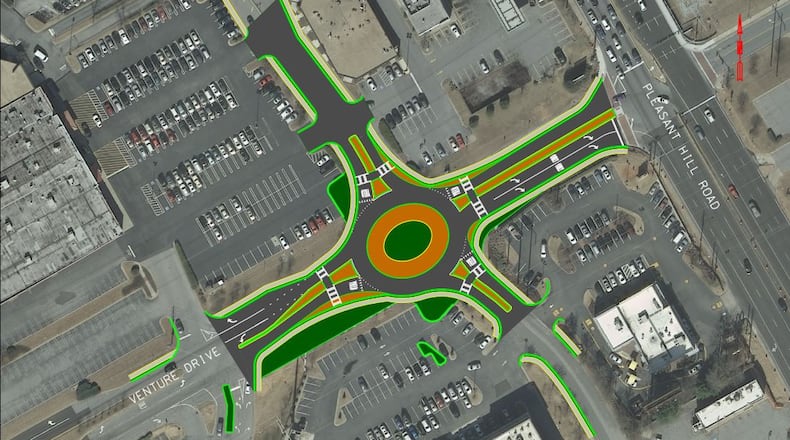 A concept drawing of the roundabout scheduled to be built at Venture Drive and Day Drive near Gwinnett Place Mall. SPECIAL PHOTO