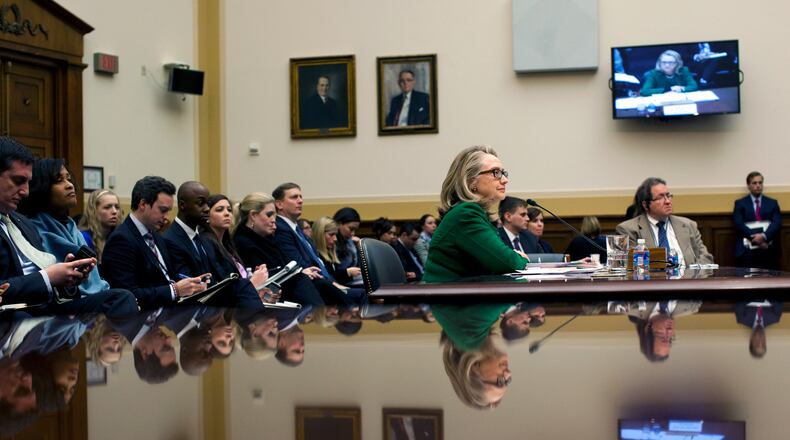 FILE -- Then-Secretary of State Hillary Rodham Clinton testifies in January 2013 before the House Committee on Foreign Affairs in Washington about the terrorist attack on the American diplomatic mission in Benghazi, Libya. (Christopher Gregory/The New York Times)