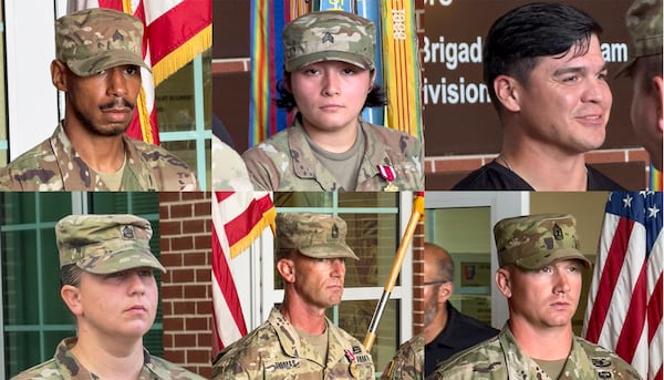 Six soldiers were each honored Thursday with a Meritorious Service Medal for their actions amid the shootings at Fort Stewart Thursday. The soldiers are, clockwise from upper left: Sgt. Aaron Turner, Sgt. Eve Rodarte, Staff Sgt. Robert Pacheco, 1st Sgt. Joshua Arnold, Master Sgt. Justin Thomas, and Staff Sgt. Melissa Taylor. (Joe Kovac Jr./AJC)